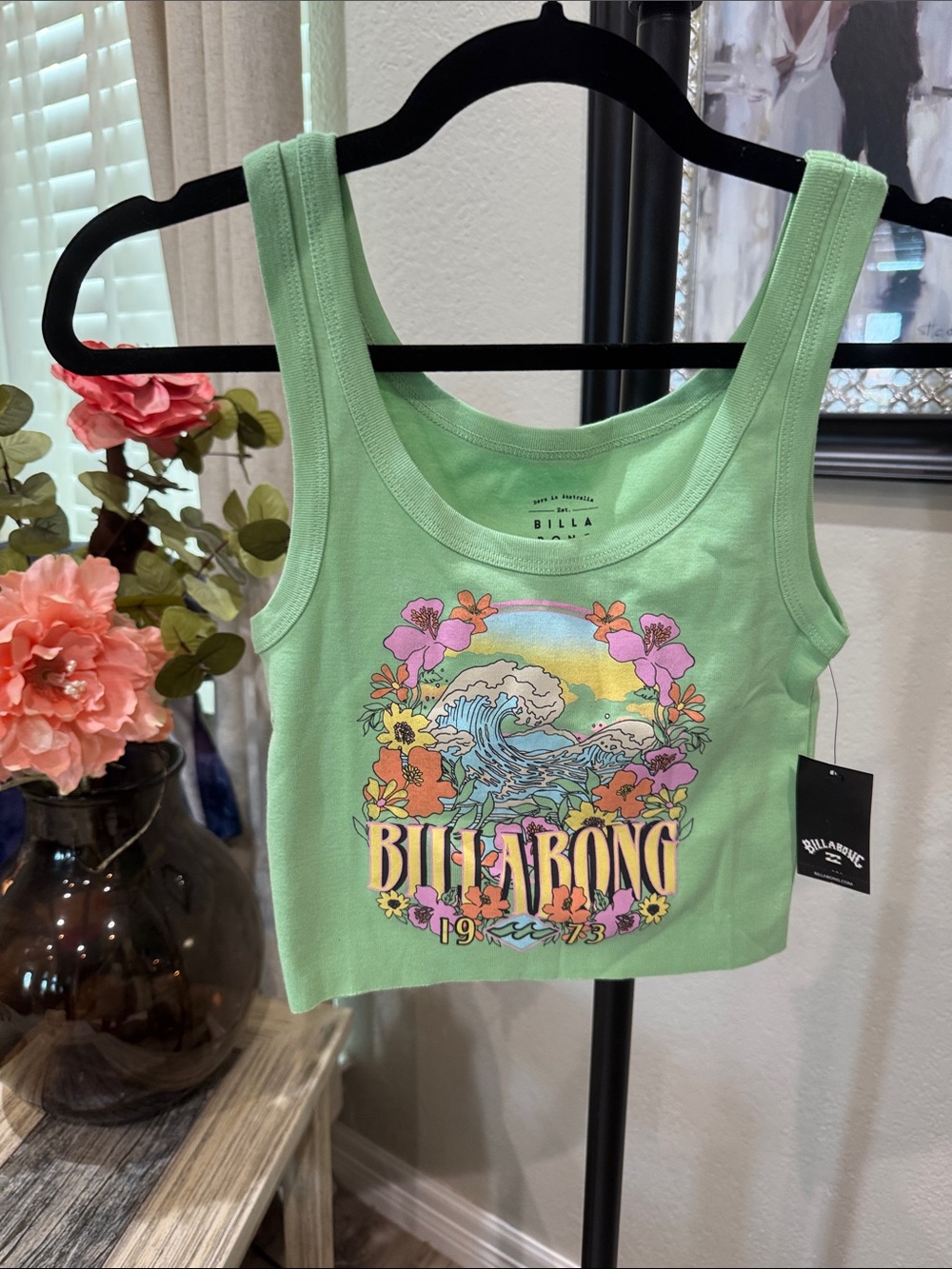 Billabong Mint Green Floral Wave Graphic Tank